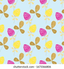 Patrón con flores y hojas de trébol, así como con insectos, Botánica. Patrón transparente para papel tapiz, patrón de relleno de fondo de página web, texturas de superficie. Ilustración del vector