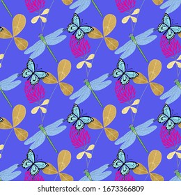 Pattern with flowers and leaves of clover, as well as with insects, Botany. Seamless pattern for Wallpaper, web page background fill pattern, surface textures. Vector illustration