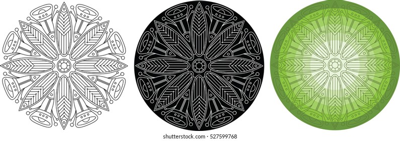 Pattern of flowers and leaves for coloring book. Round ornament
