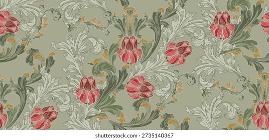  Pattern of flowers and leaves with elements of gothic ornament in vintage style