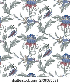 Pattern of flowers and leaves with elements of gothic ornament on a transparent background in vintage style