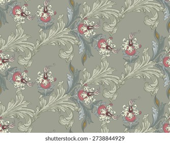  Pattern of flowers and leaves with elements of gothic ornament in vintage style