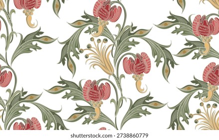  Pattern of flowers and leaves with elements of gothic ornament on a transparent background in vintage style