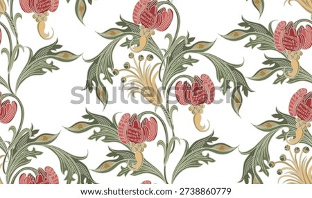  Pattern of flowers and leaves with elements of gothic ornament on a transparent background in vintage style