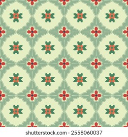 A pattern of flowers and leaves in a green and white color scheme. The pattern is intricate and detailed, with each flower and leaf carefully placed within the design