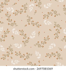 Patrón con flores, hojas y corazones, patrón sin fisuras. Ilustración vectorial con flores de color naranja, hojas blancas y corazones rojos sobre fondo beige. 