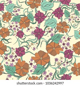 A pattern with flowers and leaves. Large and small flowers on a beige background. Laconic combination of the scots. Multicolored print. High resolution image for printing.