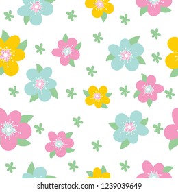 pattern with flowers and leaves. Multicolor flowers on white background