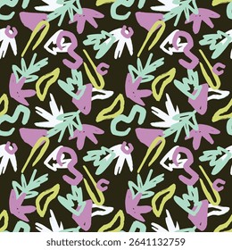 a pattern with flowers and leaves on a black background