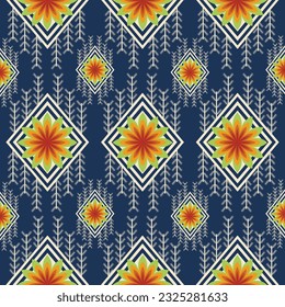 a pattern with flowers and leaves on a blue background