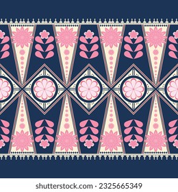 a pattern with flowers and leaves on a blue background


