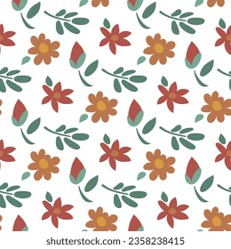Un patrón de flores, hojas sobre un fondo blanco. Patrón sin costuras florales, ilustración vectorial de dibujos animados. Textura infantil para imprimir en tela, papel. Embalaje de regalo para las vacaciones