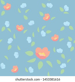 pattern with flowers and leaves. Pink and blue flowers and green leaves on a blue background