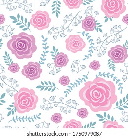 pattern of flowers and leaves. pink and violet roses. for printing on fabric, wrapping paper, paper cups. template for cards, invitations