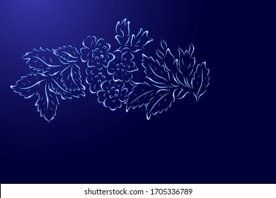 Pattern of flowers and leaves of plants from the contour classic blue color brush lines different thickness and glowing stars on dark background. Vector illustration.