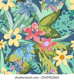 Pattern of flowers and leaves, rein Forest. Palm leaves, Aloe. Cut out of the paper like. Vector with texture and shadow. Isolated. Free hand draw.