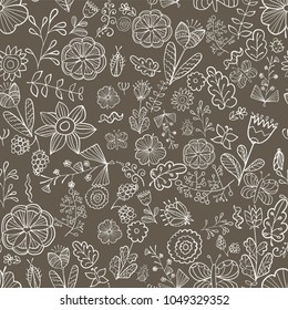 A pattern with flowers, leaves, twigs, butterflies and insects. Contrasting, linear drawing. Vector image. Spring theme. Summer theme. Brown and white. Restrained colors. Maiden ornament. 