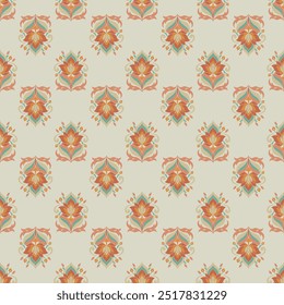 A pattern of flowers and leaves in a variety of colors. The flowers are arranged in a way that creates a sense of movement and flow. Scene is one of serenity and beauty