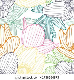 Pattern with flowers and leaves. Vector hand drawn.