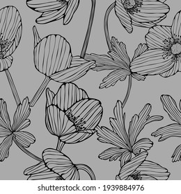 Pattern with flowers and leaves. Vector hand drawn.