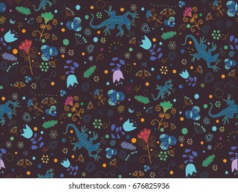 pattern of flowers and lizards