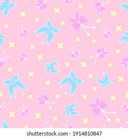 Pattern of flowers marshmallows of butterflies and flowers in a childish style. Children's fabric. Children's style. Decorative paper.
