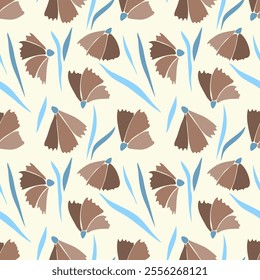 Pattern of flowers in mocha tones with blue leaves on soft beige background. The color trend is mocha mousse.