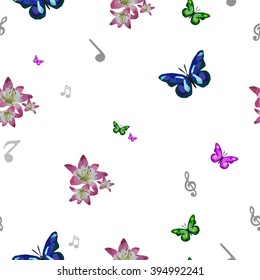 Pattern with flowers, musics and butterflies on the light background