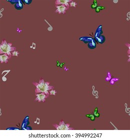 Pattern with flowers, musics and butterflies on the brown background