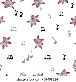 Pattern with flowers and musics on the white background