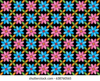 Pattern from flowers on a black background. Camomiles and leaves