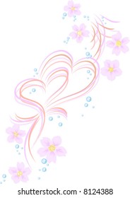 Pattern from flowers of the Oriental cherries, drops of dew and two hearts, one of which is in the form of a female symbol, another is in the form of a male symbol.