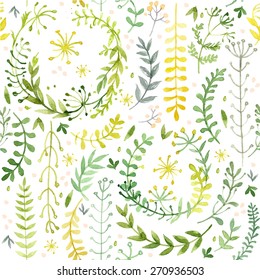 Pattern of flowers painted in watercolor on white paper. Sketch of flowers and herbs. Wreath, garland of flowers. Vector watercolor