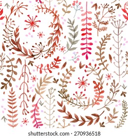 Pattern of flowers painted in watercolor on white paper. Sketch of flowers and herbs. Wreath, garland of flowers. Vector watercolor
