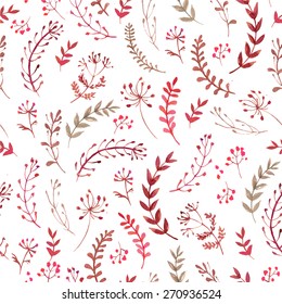 Pattern of flowers painted in watercolor on white paper. Sketch of flowers and herbs. Wreath, garland of flowers. Vector watercolor