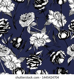 Pattern with flowers peonies and tulips. manual graphics with pencil, liner. Botanical summer flower, bright pattern for textile decor and wallpaper design, beautiful color illustration. stock graphic