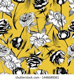 Pattern with flowers peonies and tulips. manual graphics with pencil, liner. Botanical summer flower, bright pattern for textile decor and wallpaper design, beautiful color illustration. stock graphic