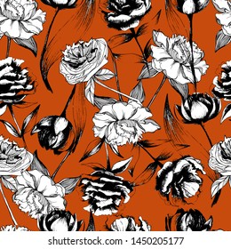 Pattern with flowers peonies and tulips. manual graphics with pencil, liner. Botanical summer flower, bright pattern for textile decor and wallpaper design, beautiful color illustration. stock graphic
