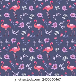 Pattern with flowers and pink flamingos.Vector seamless pattern with pink flamingos and flowers on a colored background.