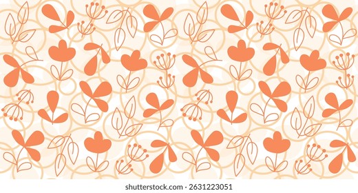 Pattern flowers, plants, leaves, branches on abstract background. Circles, drops, bubbles. Random lines, strokes, contours. Vector seamless texture, repeating background.