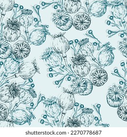 Pattern flowers poppy seeds head line sketch. Vector illustration.