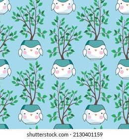 Patrón con flores en ollas en forma de pájaros lindos sobre un fondo azul. Imagen vectorial. Ornamento botánico para tela, ropa, papel pintado, papel de embalaje, papel de papelería.