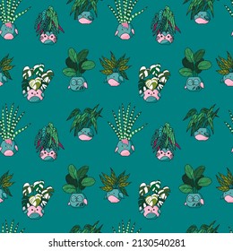 Pattern with flowers in pots in the form of cute birds on an isolated background. Vector image. Botanical ornament for fabric, clothing, wallpaper, wrapping paper, stationery. 