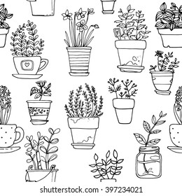 Pattern flowers in pots painted black line on a white background. Vector drawing lines