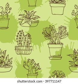 Pattern flowers in pots painted black line on a white background. Vector drawing lines