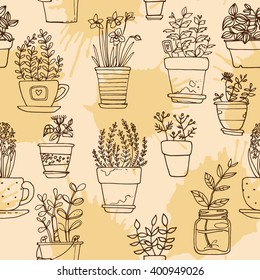 Pattern flowers in pots painted black line on a white background. Vector drawing lines
