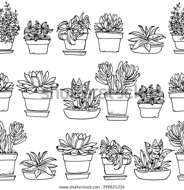 Pattern Flowers Pots Painted Black Line Stock Vector (Royalty Free