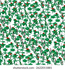 A pattern of flowers with red flowers in the middle. The flowers are green and white. Isometric view. 3D