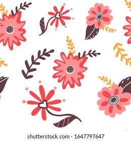 pattern with flowers in red shades. Print for fabric on a white background in red and orange shades