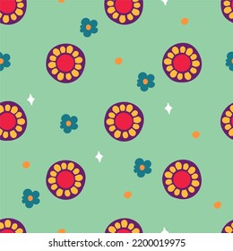 A pattern of flowers in the retro style of the 70s. Good vibes multi-colored picture. Vector 
